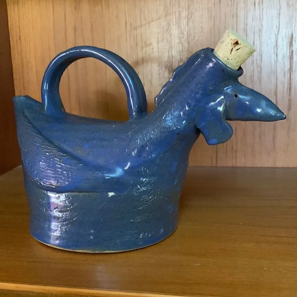 Hand Crafted Clay Oil Dispenser Rooster Blue Pottery